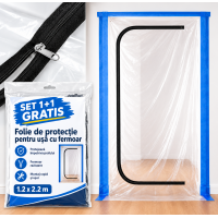 1+1 Gratis Folie de protectie pentru usa, cu fermoar, 1.2 x 2.15 metri + Banda fixare cadou