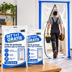 1+1 Gratis Folie de protectie pentru usa, cu fermoar, 1.2 x 2.15 metri + Banda fixare cadou