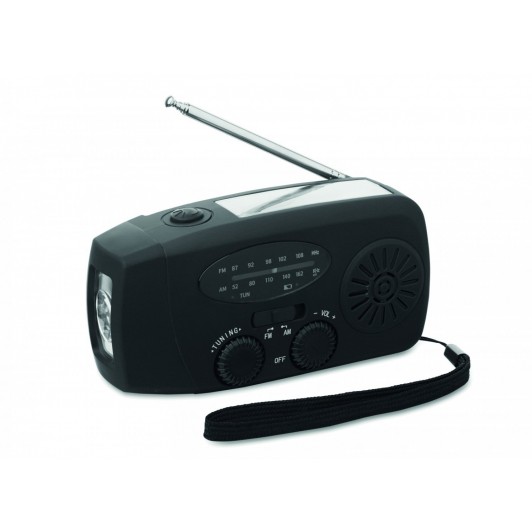 Radio portabil cu lanternă LED și powerbank 1200mAh. Autoalimentat cu energie solară și manivelă.