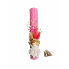 Lumânare de botez din ceară naturală roz, decorată cu zână si flori uscate+ sticluță cu mirodenii