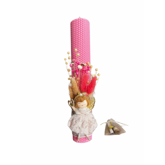 Lumânare de botez din ceară naturală roz, decorată cu zână si flori uscate+ sticluță cu mirodenii