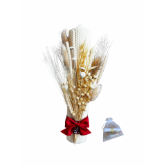 Lumânare de botez din ceară naturală de albine, decorată manual cu flori uscate și elemente rustice Lumânare de botez din ceară naturală de albine, decorată manual cu flori uscate și elemente rustice