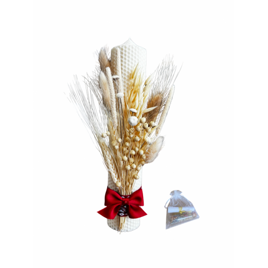 Lumânare de botez din ceară naturală de albine, decorată manual cu flori uscate și elemente rustice Lumânare de botez din ceară naturală de albine, decorată manual cu flori uscate și elemente rustice