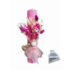 Lumânare de botez din ceara, decorată cu flori uscate și zâne+sticluță cu mirodenii pentru baița Lumânare de botez din ceara, decorată cu flori uscate și zâne+sticluță cu mirodenii pentru baița