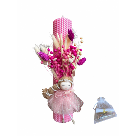 Lumânare de botez din ceara, decorată cu flori uscate și zâne+sticluță cu mirodenii pentru baița