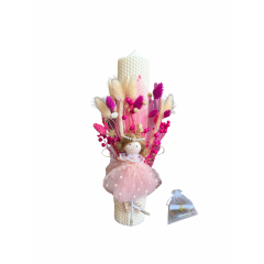 Lumânare de botez din ceara, decorată cu flori uscate și zâne+sticluță cu mirodenii pentru baița