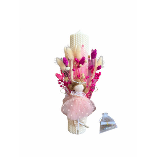 Lumânare de botez din ceara, decorată cu flori uscate și zâne+sticluță cu mirodenii pentru baița Lumânare de botez din ceara, decorată cu flori uscate și zâne+sticluță cu mirodenii pentru baița