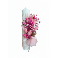 Lumânare de botez din ceară naturală – culoare milky white, decorată cu flori uscate și zână îngeraș