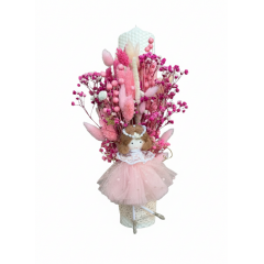 Lumânare de botez din ceară naturală – culoare milky white, decorată cu flori uscate și zână îngeraș