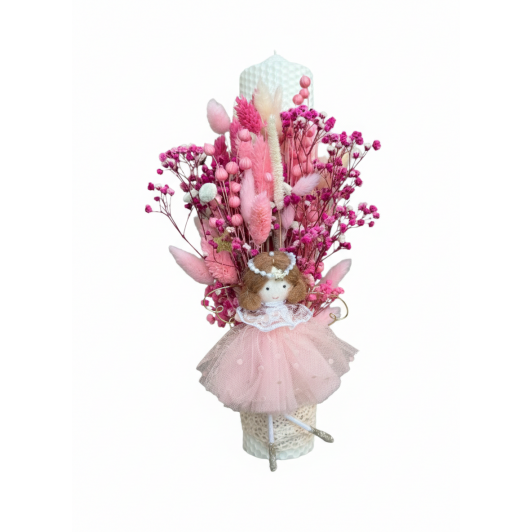 Lumânare de botez din ceară naturală – culoare milky white, decorată cu flori uscate și zână îngeraș