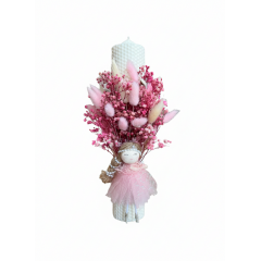 Lumânare de botez din ceară naturală – culoare milky white, decorată cu flori uscate și o zână