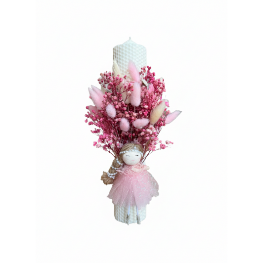 Lumânare de botez din ceară naturală – culoare milky white, decorată cu flori uscate și o zână