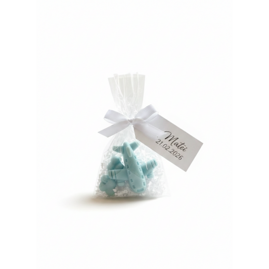 Mărturie Botez Parfumată din Ceară de Soia – Avion cu Norișori-cartonas personalizabil