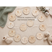 Set discuri milestone bebeluși din lemn – 1-12 luni + „Hello World” | Ideal pentru poze memorabile