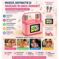 Microfon Karaoke Portabil cu Boxă Bluetooth, Lumini LED, 2000mAh, copii, roz