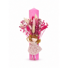 Lumânare de Botez Roz din Ceară Naturală de Albine cu Îngeraș și Flori Uscate – Handmade, 27 cm