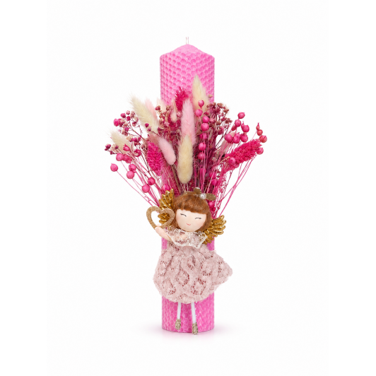 Lumânare de Botez Roz din Ceară Naturală de Albine cu Îngeraș și Flori Uscate – Handmade, 27 cm Lumânare de Botez Roz din Ceară Naturală de Albine cu Îngeraș și Flori Uscate – Handmade, 27 cm