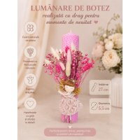 Lumânare de Botez Roz din Ceară Naturală de Albine cu Îngeraș și Flori Uscate – Handmade, 27 cm Lumânare de Botez Roz din Ceară Naturală de Albine cu Îngeraș și Flori Uscate – Handmade, 27 cm