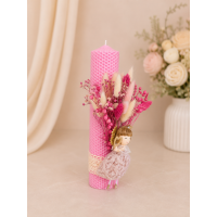 Lumânare de Botez Roz din Ceară Naturală de Albine cu Îngeraș și Flori Uscate – Handmade, 27 cm Lumânare de Botez Roz din Ceară Naturală de Albine cu Îngeraș și Flori Uscate – Handmade, 27 cm