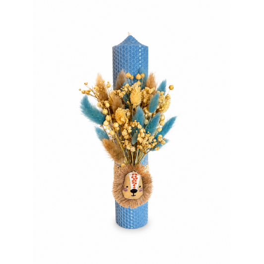 Lumânare Botez din Ceară Naturală cu Flori Uscate, Albastră, 30 cm – Decor Leu