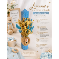 Lumânare Botez din Ceară Naturală cu Flori Uscate, Albastră, 30 cm – Decor Leu