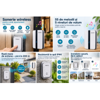 Sonerie Wireless ZOGIN cu 55 Melodii, 5 Niveluri de Volum, Rază până la 200 m, IP44