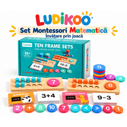 Set Montessori Matematică LUDIKOO din Lemn – Numere, Adunare și Scădere, 36+ Luni