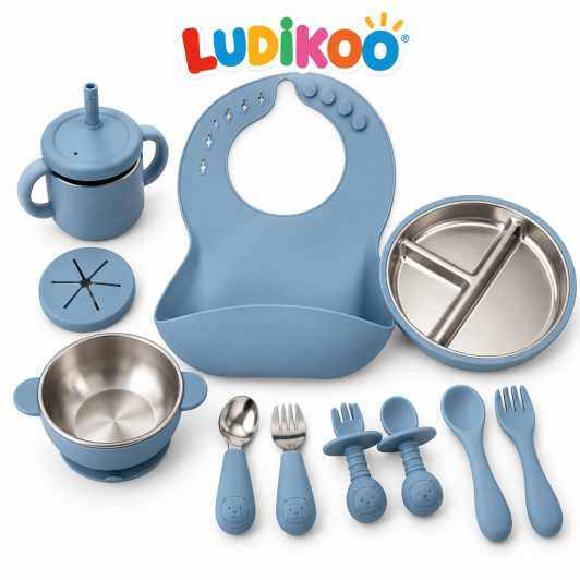 Set Masă Bebeluși LUDIKOO 9 Piese din Silicon și Inox – Farfurie , Bol, Bavetică, Cană și Tacâmuri