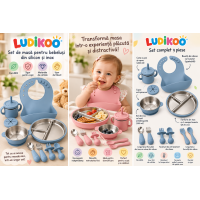 Set Masă Bebeluși LUDIKOO 9 Piese din Silicon și Inox – Farfurie , Bol, Bavetică, Cană și Tacâmuri