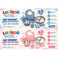 Set Masă Bebeluși LUDIKOO 9 Piese din Silicon și Inox – Farfurie , Bol, Bavetică, Cană și Tacâmuri
