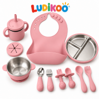Set Masă Bebeluși LUDIKOO 9 Piese din Silicon și Inox – Farfurie , Bol, Bavetică, Cană și Tacâmuri