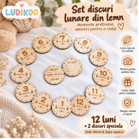 Set discuri milestone bebeluși din lemn – 1-12 luni + „Hello World” | Ideal pentru poze memorabile