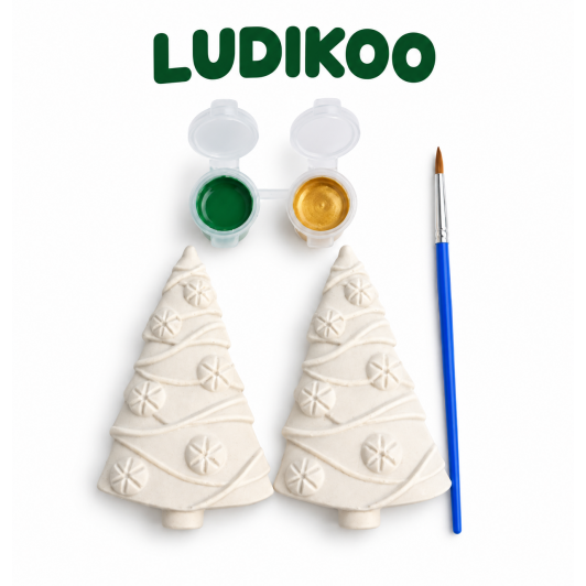 Set de pictat brăduți de Crăciun – 2 figurine turnate manual, verde, auriu și pensulă