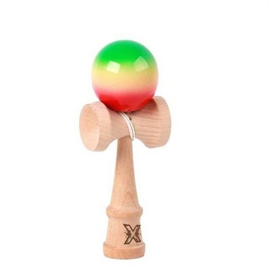 Kendama X Profesionala din Lemn, 18 cm, Rubber Grip, Gradient Verde/Galben/Rosu