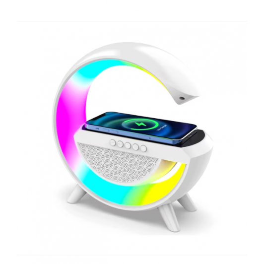 Lampa multifunctionala cu incarcare wireless 10W, boxa bluetooth, lumina multicolora, incarcare, Alb