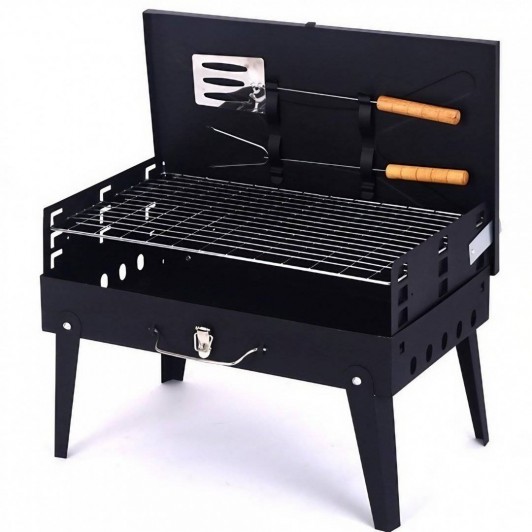 Gratar Portabil pentru Camping si Picnic, Pliabil Tip Servietă, cu Accesorii Incluse, 46x43x26 cm